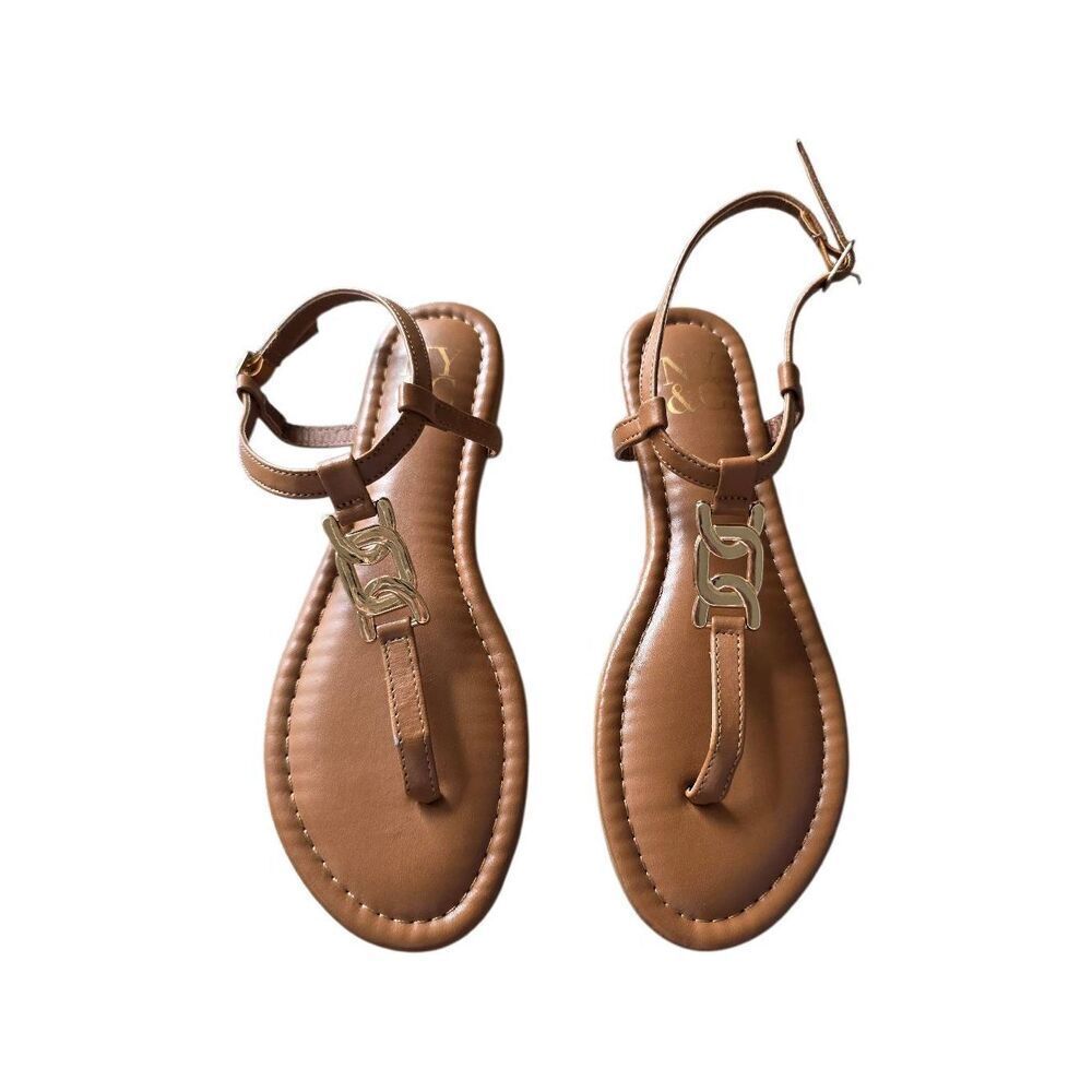 NY&C Flat Sandals Size 7‎ Brown Ankle Strap Logo